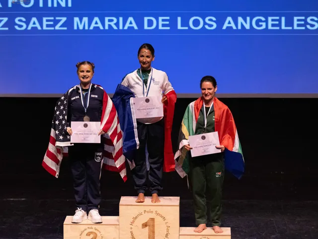 Renate on the podium at the POSA Aerial Art World Championships 2024