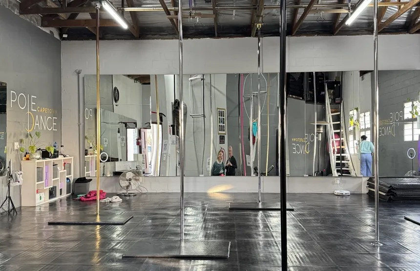 Poles and aerial rigging points in the Pole Dance Cape Town studio